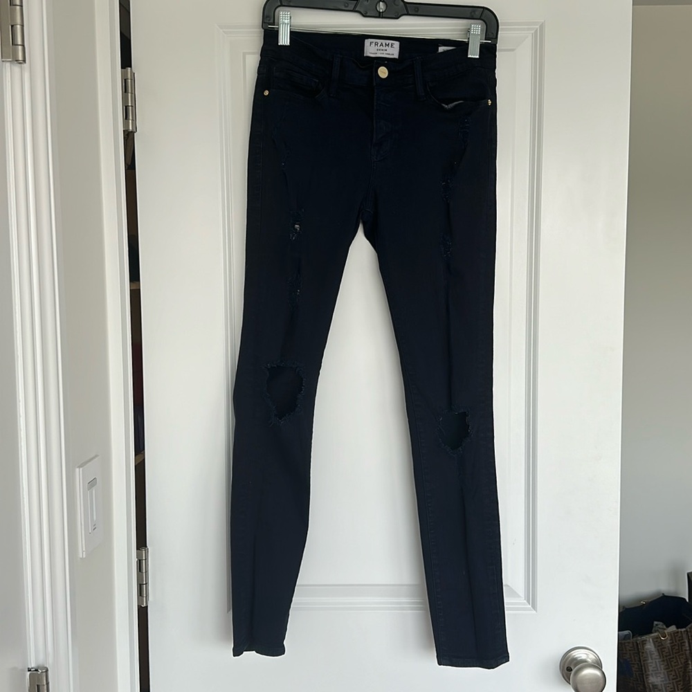 Frame dark blue skinny distressed jeans